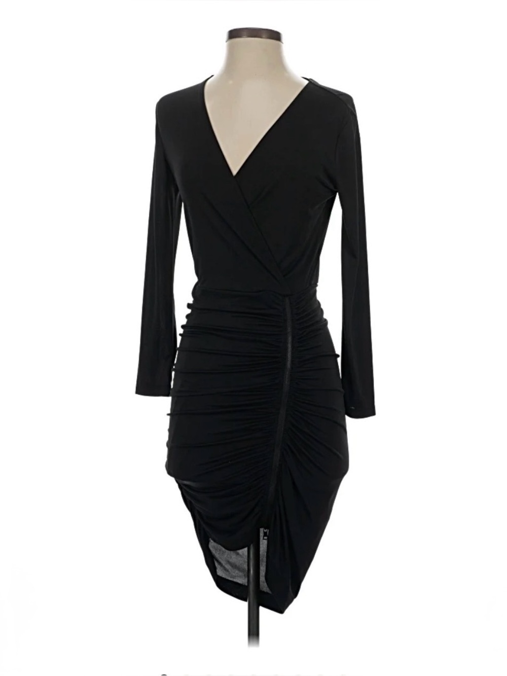 Women’s BCBGMAXAZRIA black ruched long sleeve cocktail dress. Size M